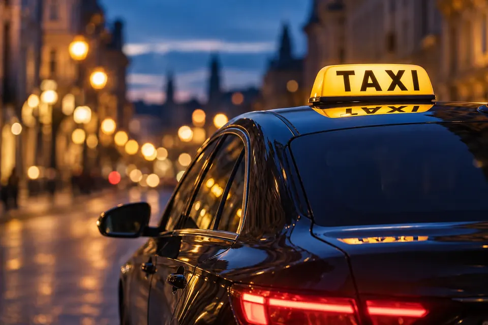 Symbolbild eines Taxischilds im Abendlicht